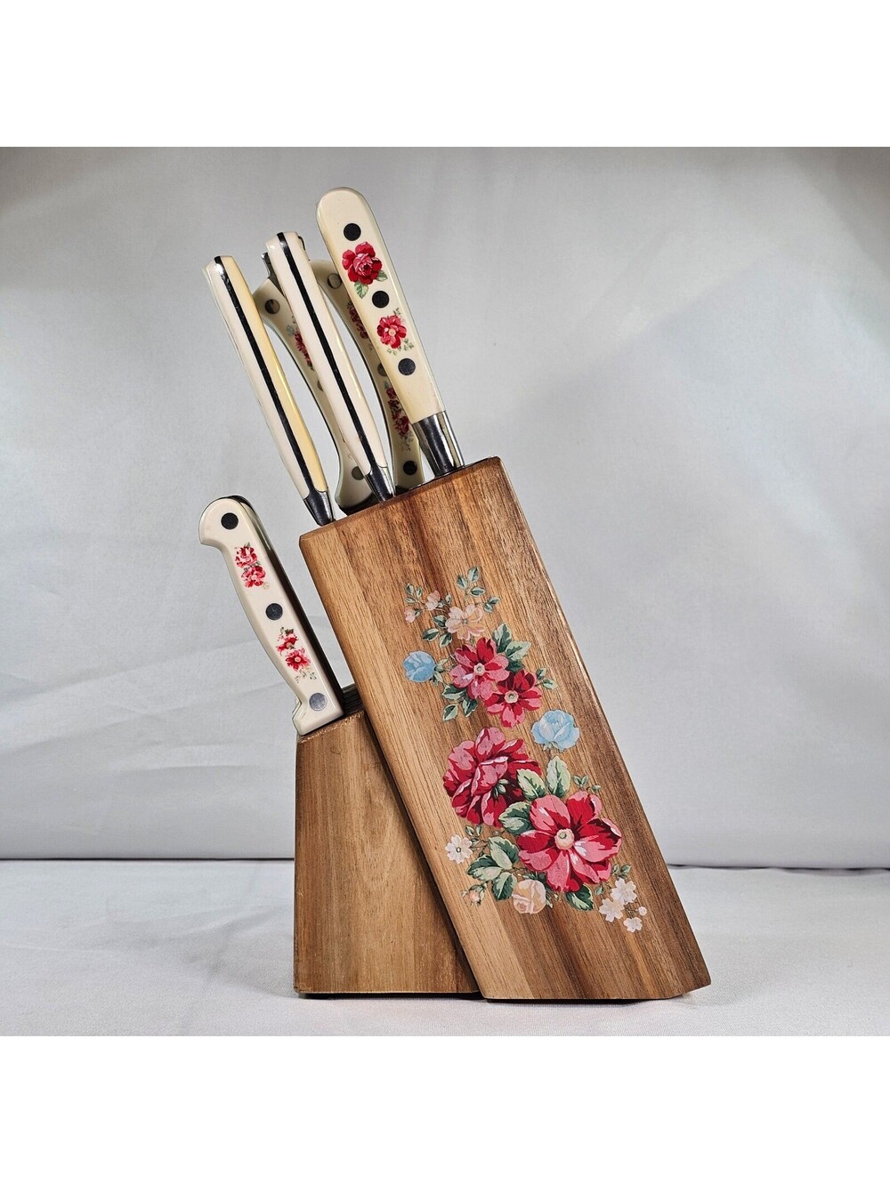 Pioneer Woman Vtg Floral 14 Piece Cutlery Set Wood Block Cream Floral Handles